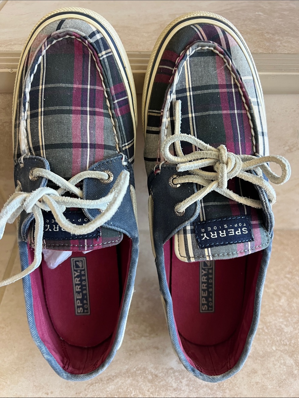 Sperry women’s Plaid Moccasins in Navy and Maroon